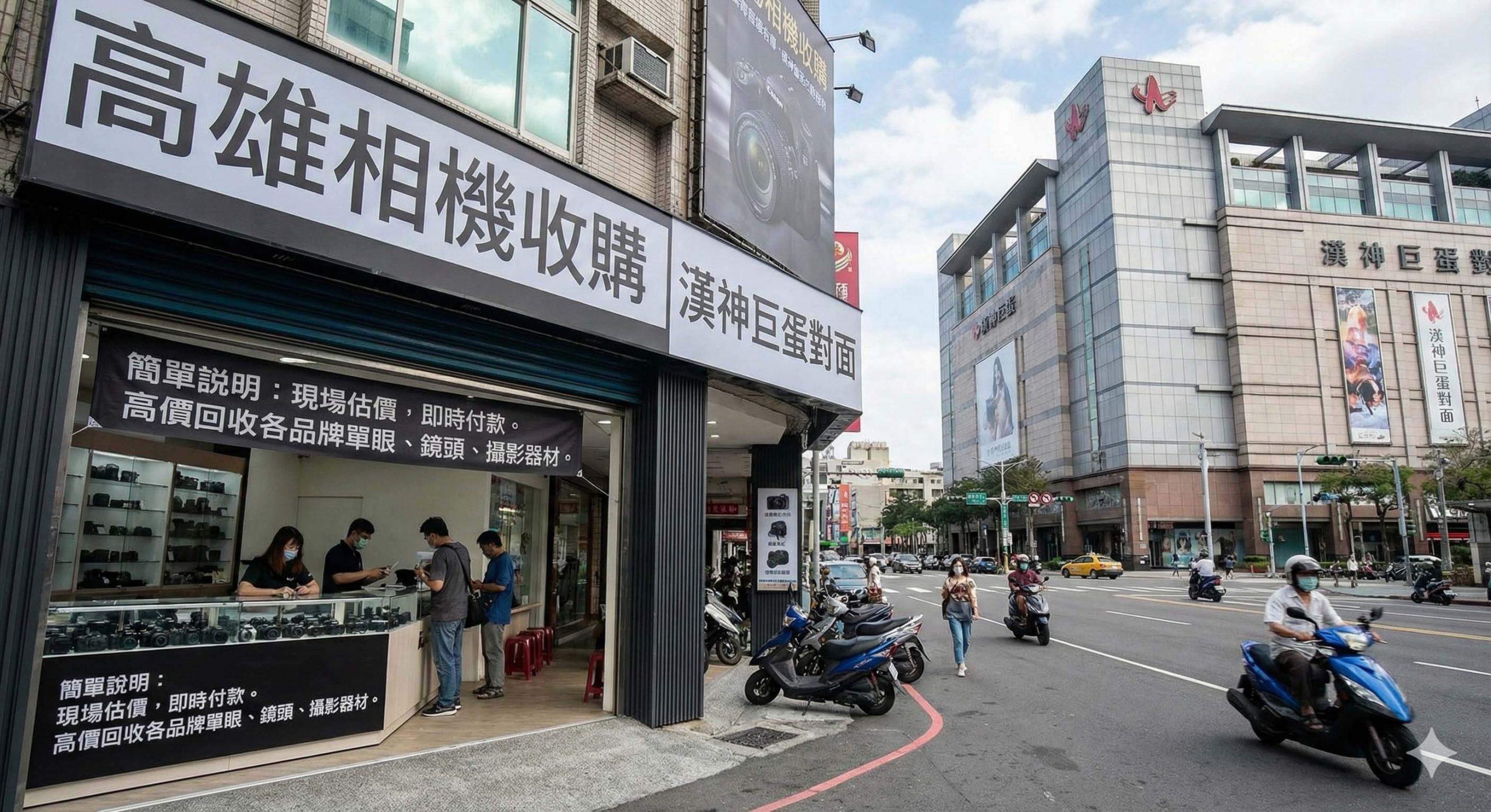 高雄相機收購實體門市街景照，地點位於熱鬧的漢神巨蛋購物廣場正對面。店面巨大招牌清楚標示「高雄相機收購」與「漢神巨蛋對面」字樣，並說明提供現場估價、即時付款與高價回收各品牌攝影器材服務。