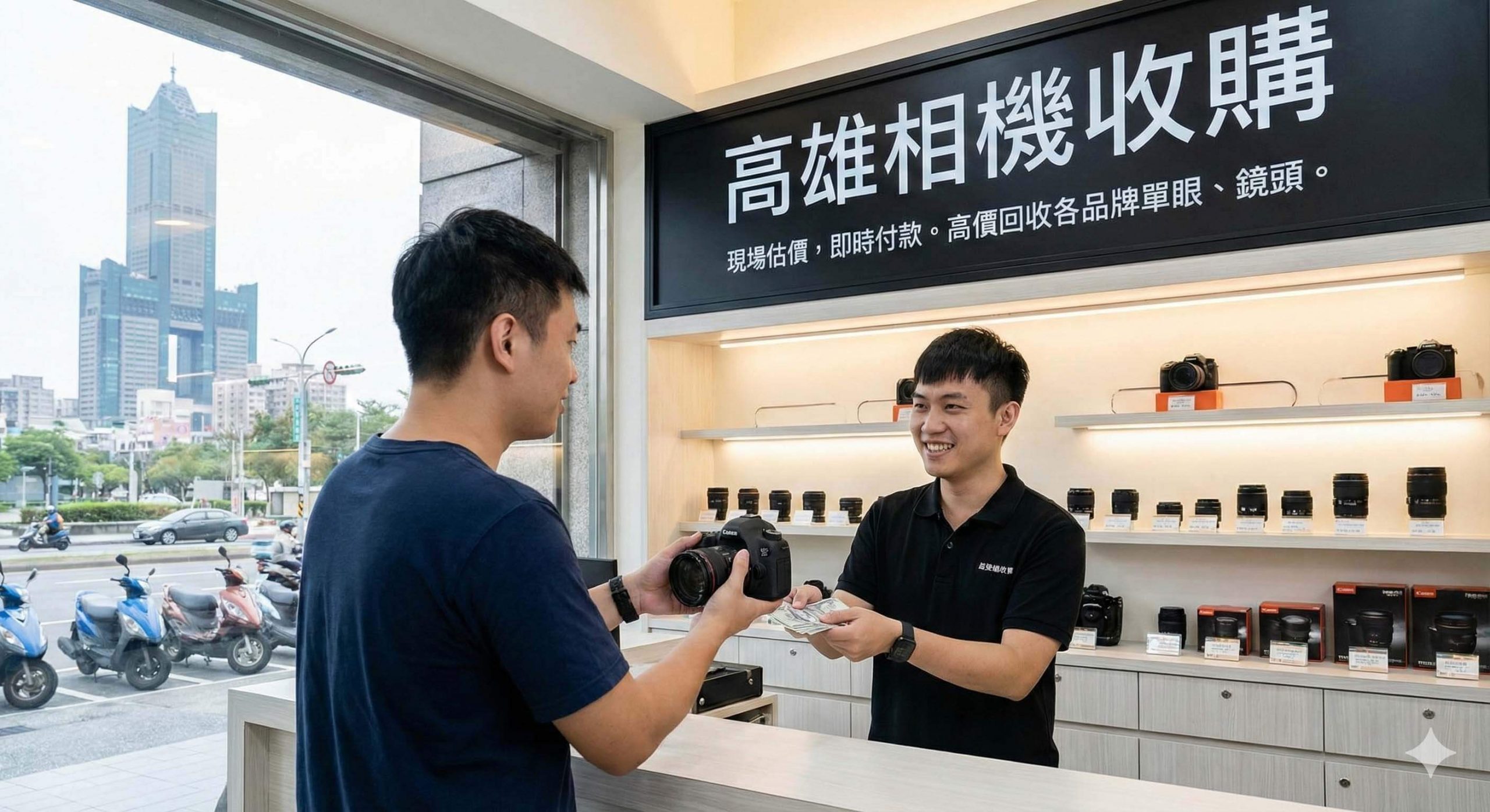 高雄相機收購實體門市街景照，地點位於熱鬧的漢神巨蛋購物廣場正對面。店面巨大招牌清楚標示「高雄相機收購」與「漢神巨蛋對面」字樣，並說明提供現場估價、即時付款與高價回收各品牌攝影器材服務。