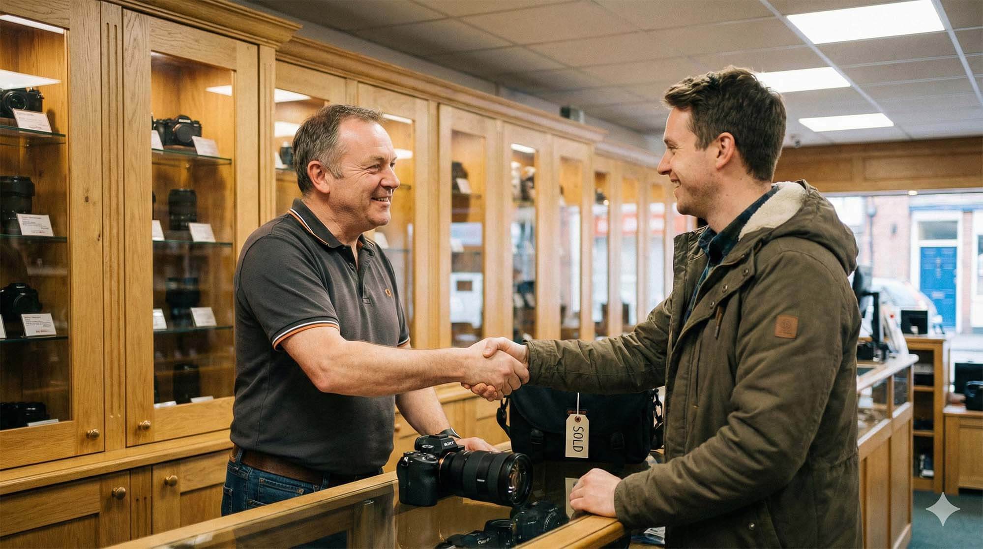 溫暖且值得信賴的畫面，店長正在向顧客解釋相機細節並握手成交，象徵成功的交易氛圍 / Warm and trustworthy photo of a store manager explaining camera details to a customer, shaking hands, successful transaction vibe.